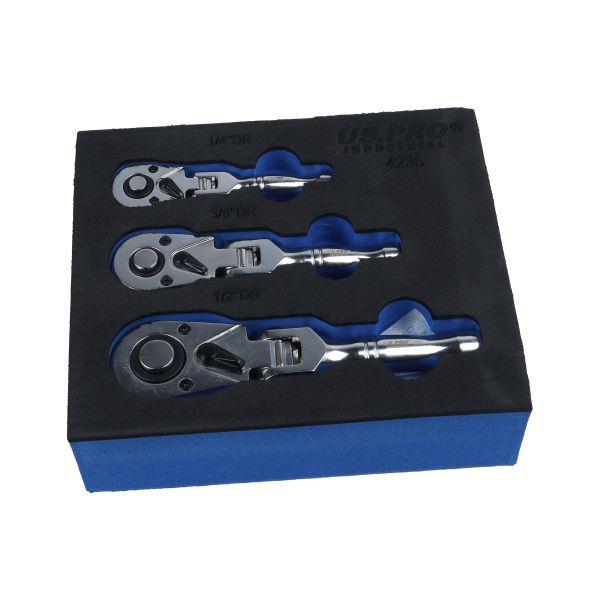 US PRO INDUSTRIAL 3pc Stubby Flexi Head Ratchet Set 1/4" 3/8" 1/2" Drive 4236