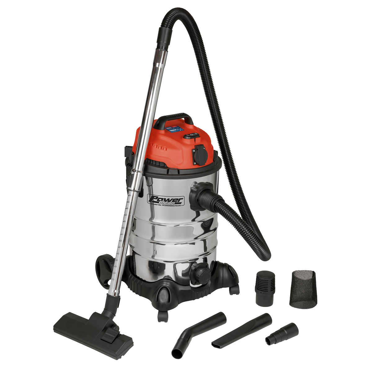 Sealey 30L Industrial Vacuum Cleaner Wet & Dry with Stainless Steel Drum & Auto-Start 1400W/230V PC300SDAUTO