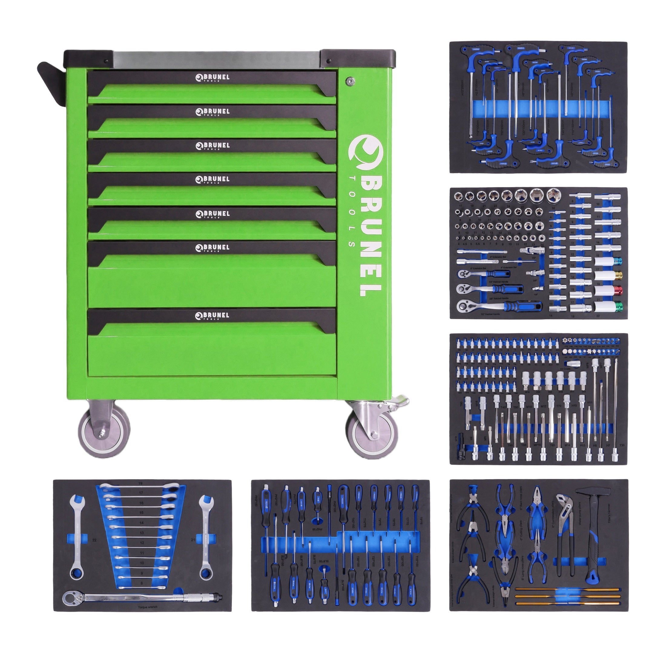 BRUNEL Tools 7 Drawer Caster Mounted Roller Tool Chest Cabinet with 6 Fully Stocked Drawers - 249 Pieces - Hi-Vis Green