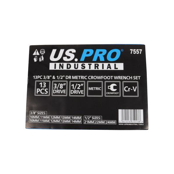 US PRO INDUSTRIAL 13PC 3/8" & 1/2" DR Metric Crowfoot Wrench Set in EVA Tray 10 - 24mm 7557