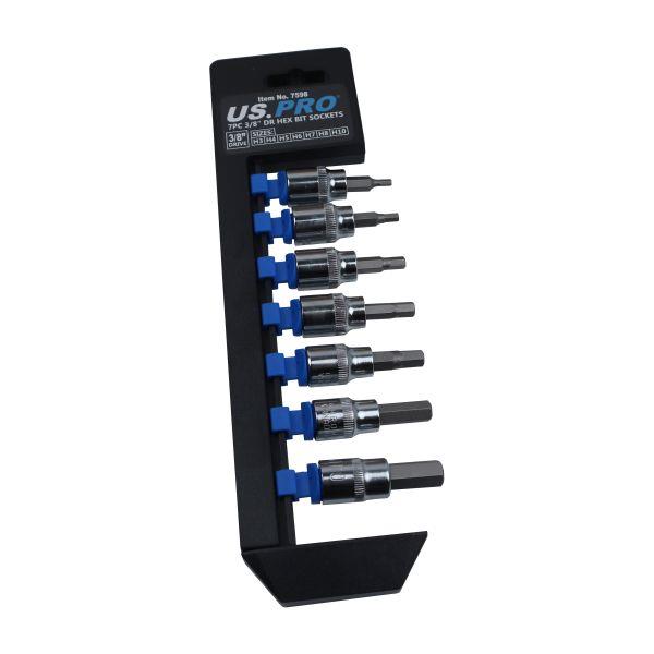 US PRO Tools 7pc 3/8" Dr Hex Bit Socket Set 48mm Metric on Storage Hanger 7598