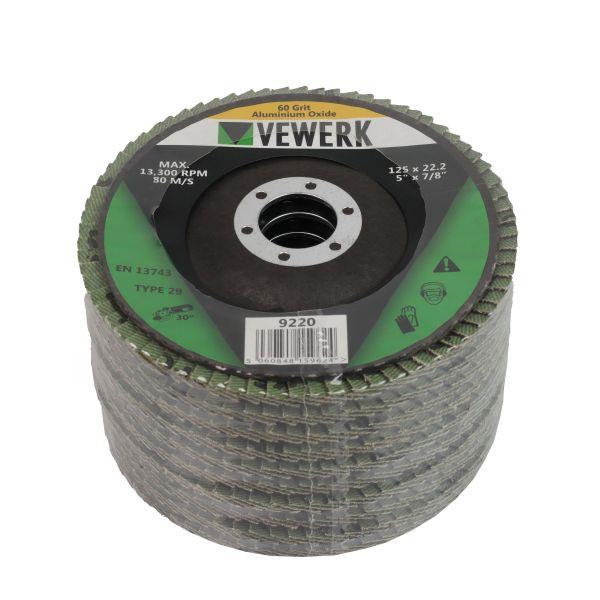 VEWERK 10pc Type 29 Flap Discs 60 Grit Aluminium Oxide 125mm x 22.2mm 9220