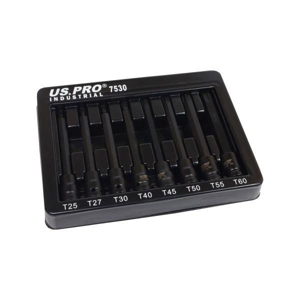 US PRO INDUSTRIAL 8pc 3/8" Dr Extra Long Impact Tamper Star Torx Bit Socket Set T25 - T60 7530