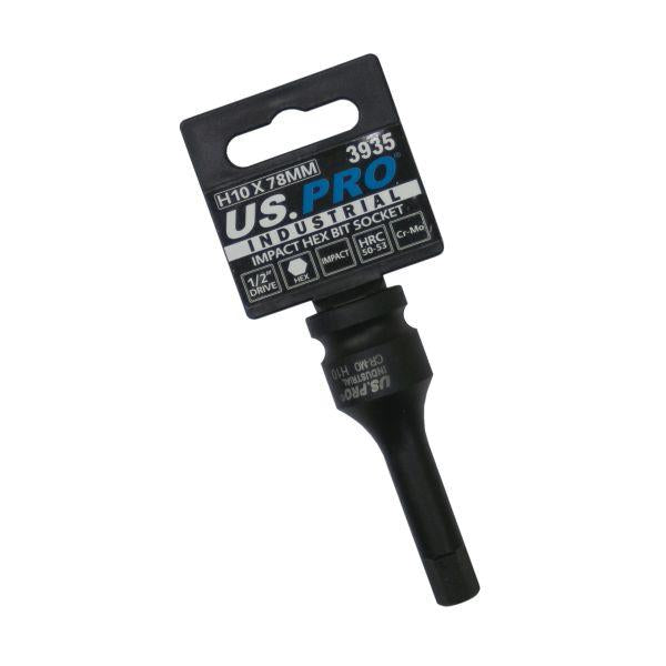 US PRO Tools 1/2" Dr Impact Hex Bit Socket H10 x 78mm CR-MO Black Finish 3935