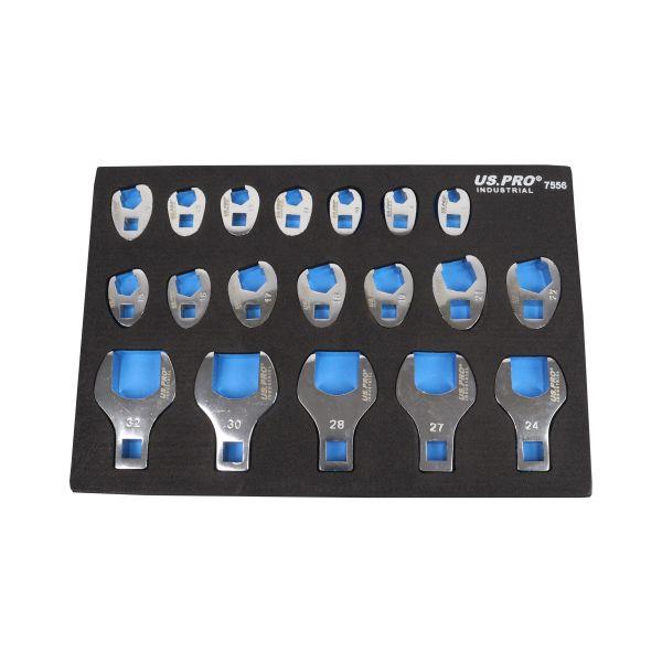 US PRO INDUSTRIAL 19PC 3/8" & 1/2" DR Metric Crowfoot Wrench Set in EVA Tray 7556