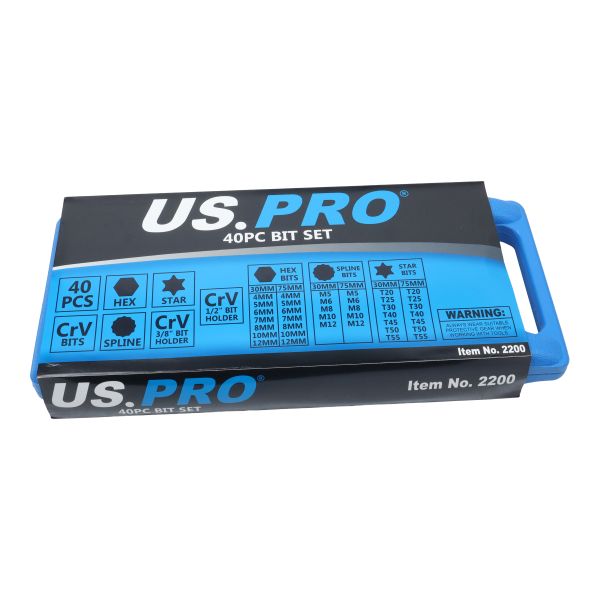US PRO Tools 40pc Torx/Spline & Hex Bit 10mm 3/8" & 1/2" Drive Bit Holder Set 2200