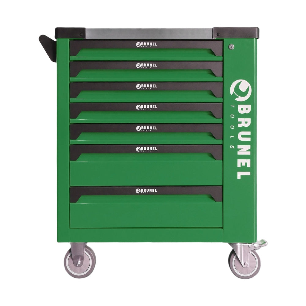 BRUNEL Tools 7 Drawer Caster Mounted Roller Tool Chest Cabinet with 6 Fully Stocked Drawers - 249 Pieces - Green
