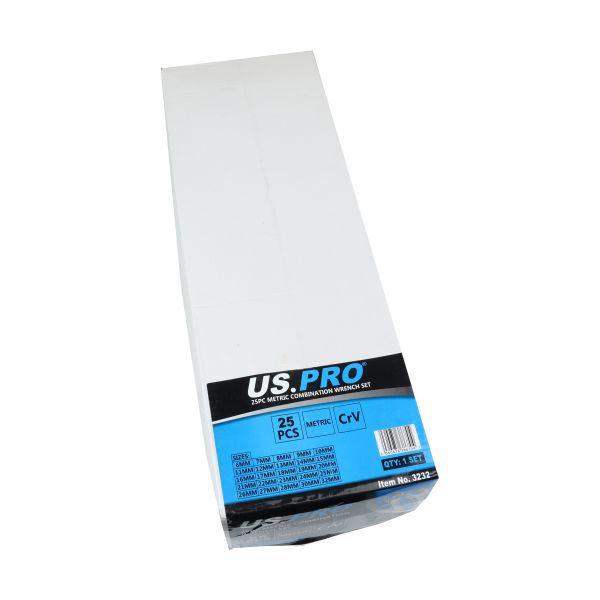 Boxed 25 piece metric combination wrench set with blue and black label, item 3232.