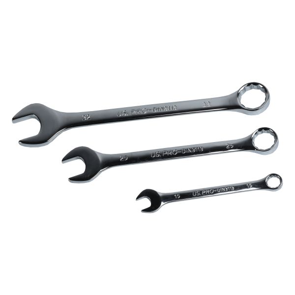 Set of three combination spanners with open and ring ends, chrome finish on white background