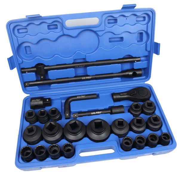 US PRO Tools 27pc 3/4" & 1" Dr 12pt Shallow Impact Socket & Handle Set 21-65mm 7542