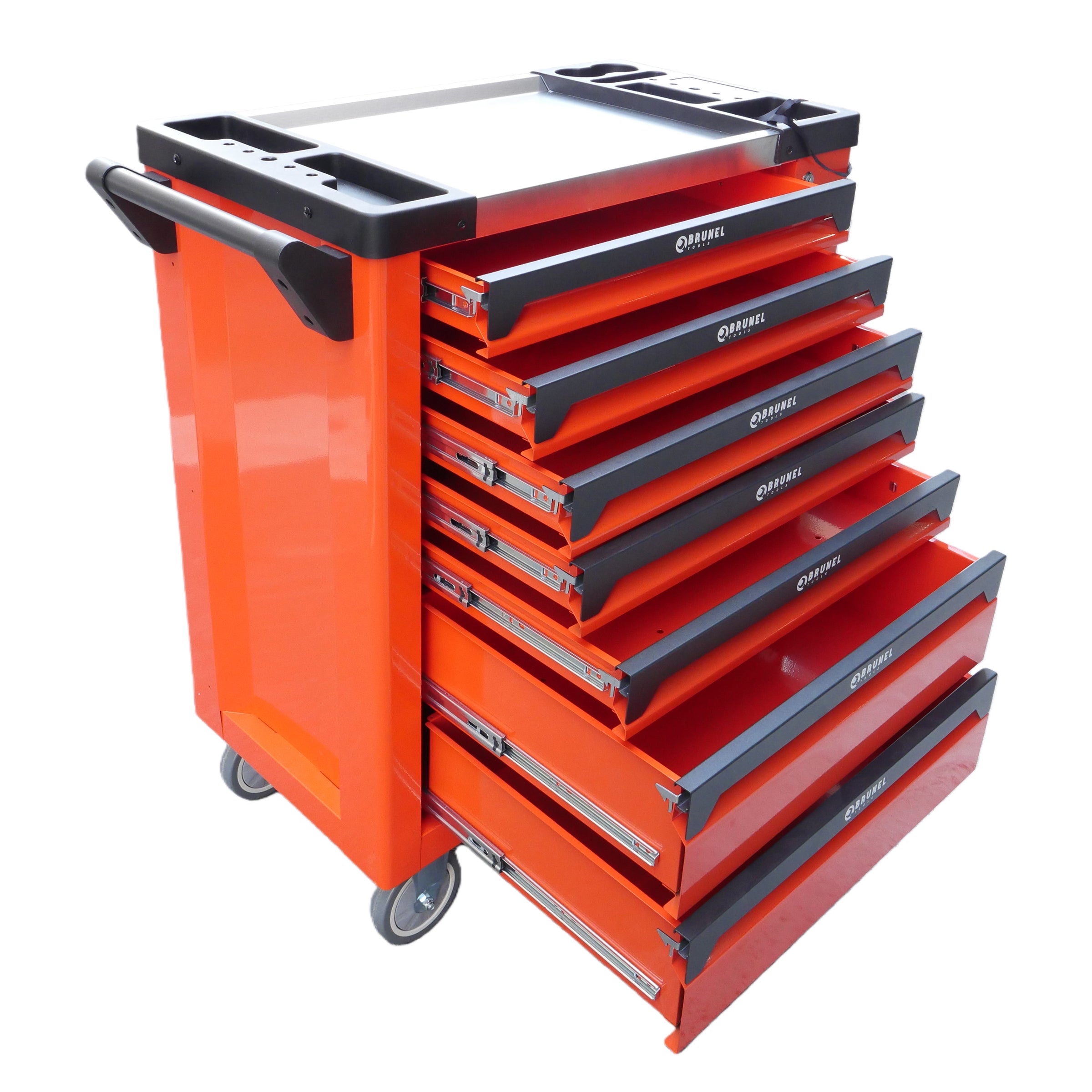 BRUNEL Tool 7 Drawer Caster Mounted Roller Tool Chest Cabinet with 6 Fully Stocked Drawers - 249 Pieces - Orange