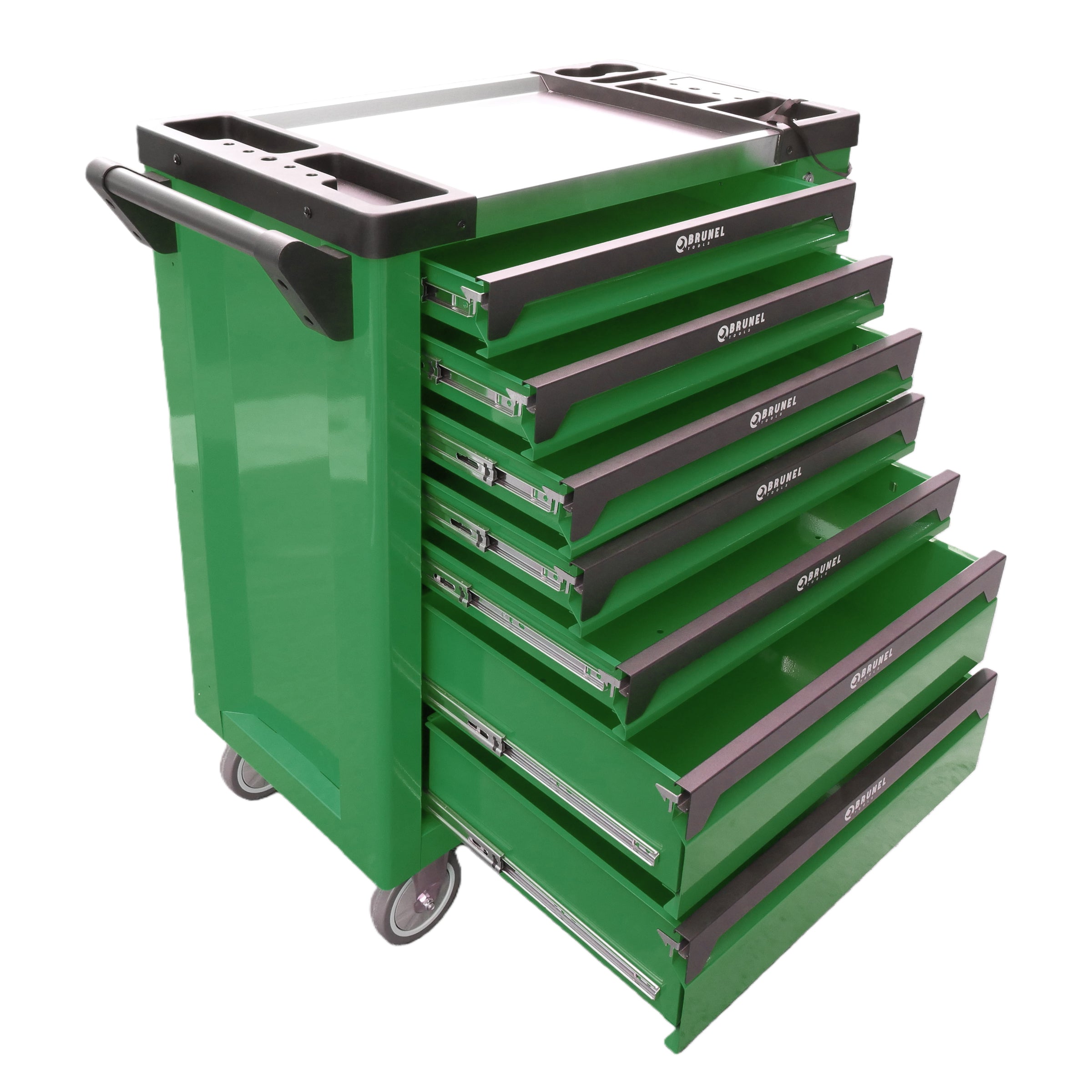 BRUNEL Tools 7 Drawer Caster Mounted Roller Tool Chest Cabinet with 6 Fully Stocked Drawers - 249 Pieces - Green