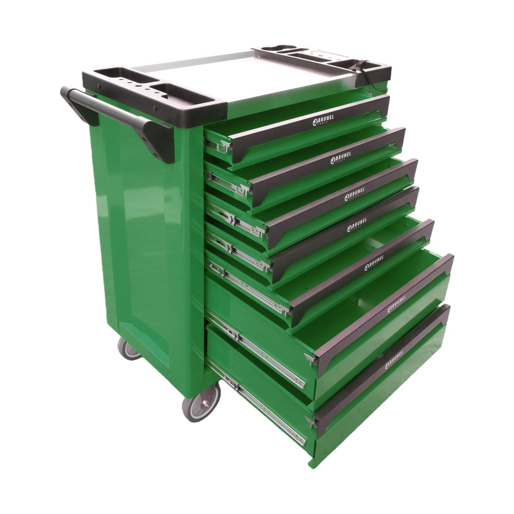 BRUNEL Tools 7 Drawer Caster Mounted Roller Tool Chest Cabinet with 6 Fully Stocked Drawers - 249 Pieces - Green