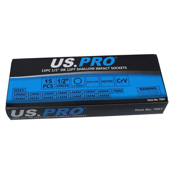 US PRO Tools 15pc 1/2" Dr 12pt Shallow Impact Socket Set 10-24mm 7601