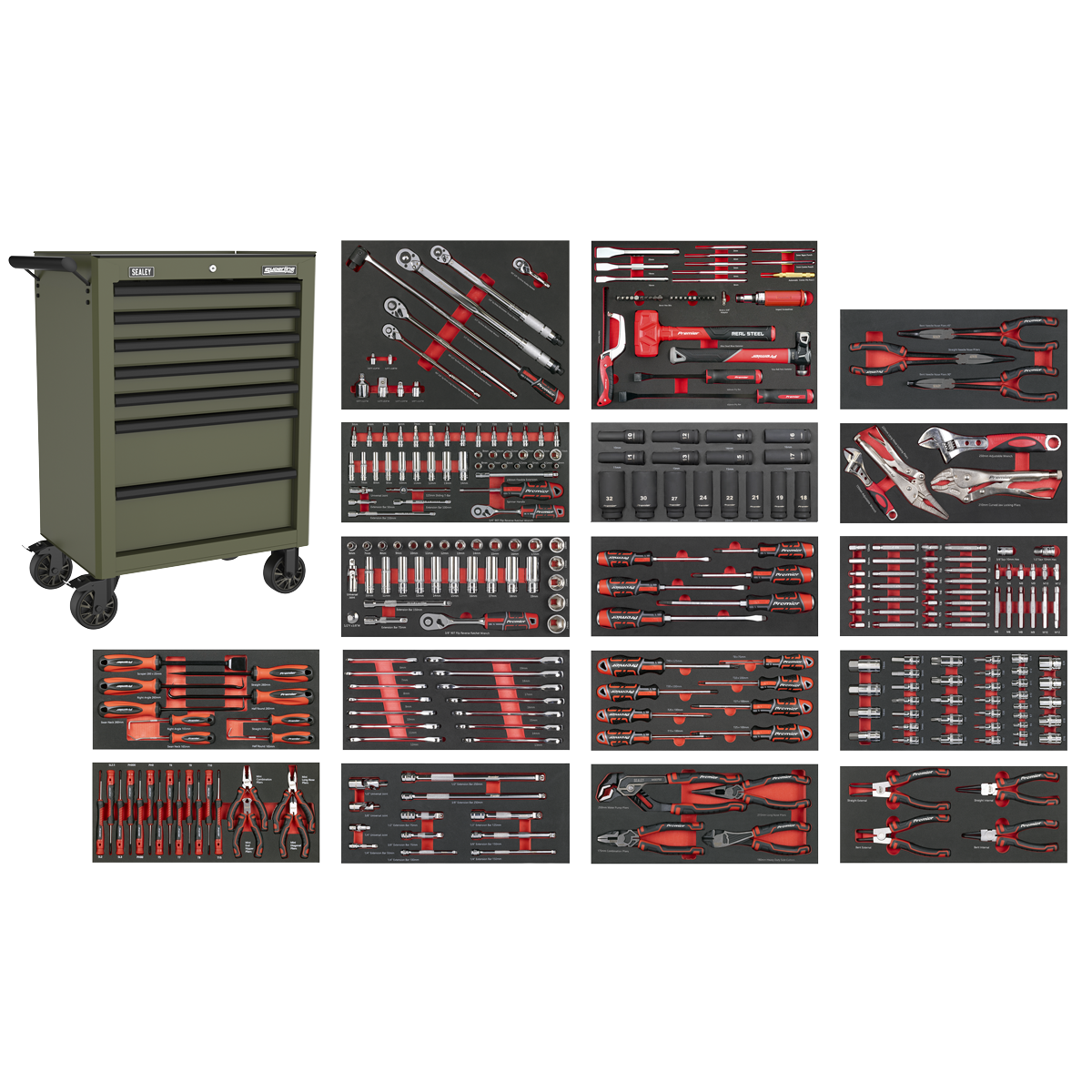 Sealey Superline PRO® Rollcab 7 Drawer with 305pc Tool Kit - Khaki SPTCOMBO4K