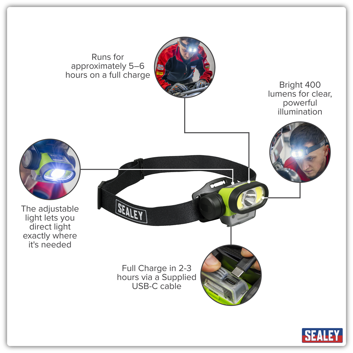 Sealey Rechargeable Head Torch with Auto-Sensor 5W & 3W COB LED HT400LED