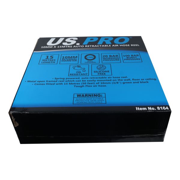 Box for 10mm x 15m auto retractable air hose reel with product details visible on packaging