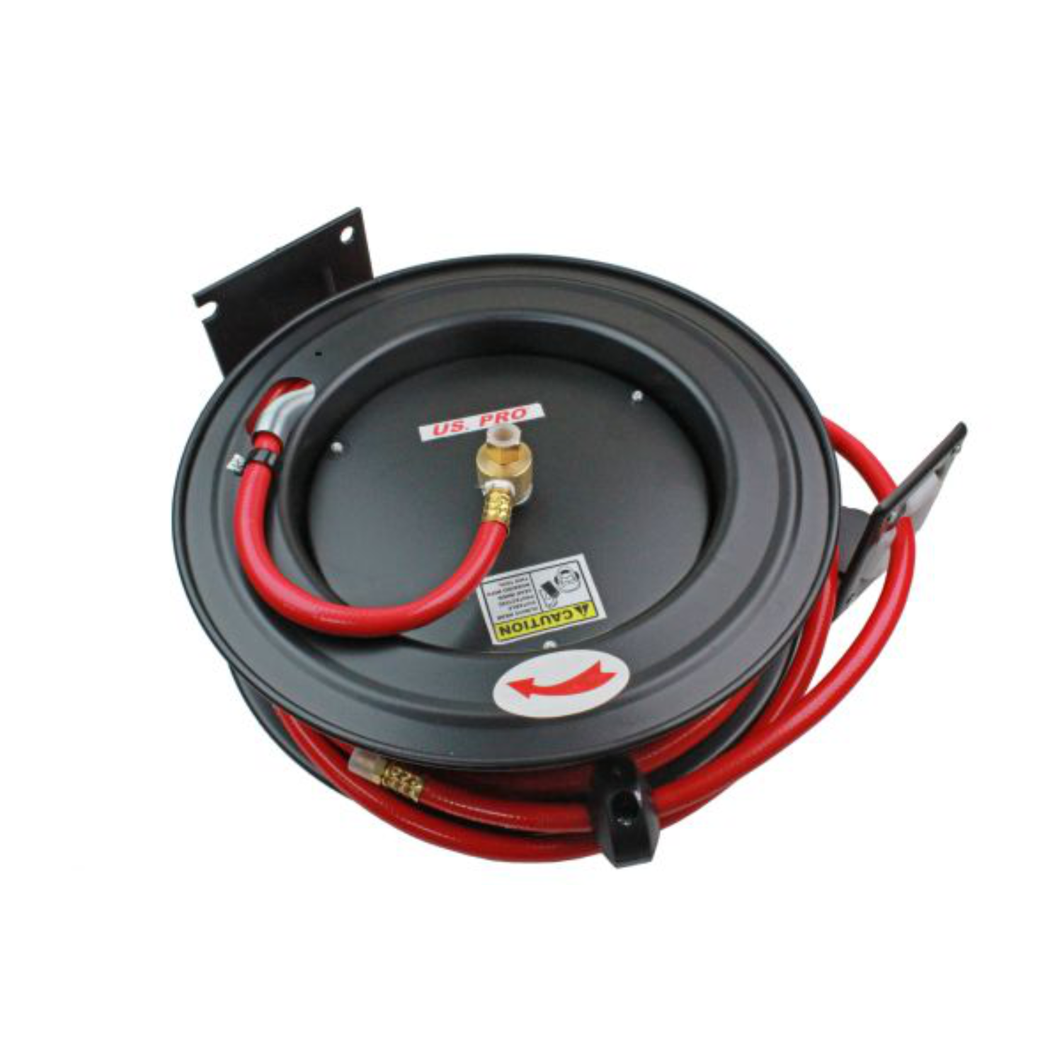 Wall-mounted retractable air hose reel with red rubber hose and metal fittings