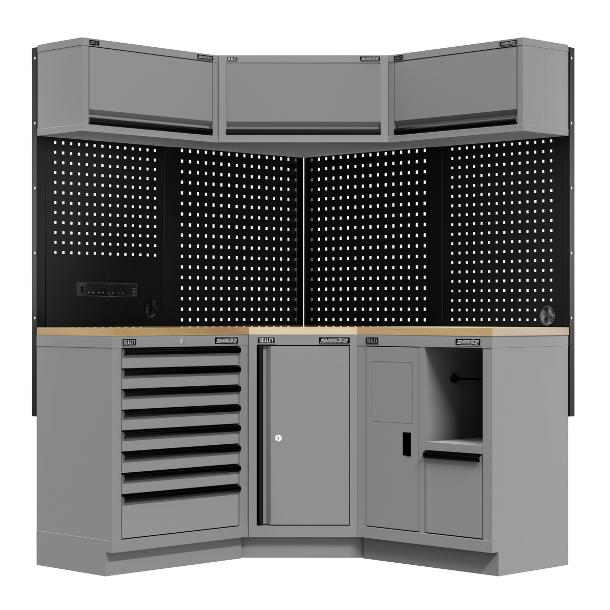 Sealey Superline PRO® Black Edition Modular Corner Storage System with Rubber Wood Worktop 1.54m APMSBESTACK06W
