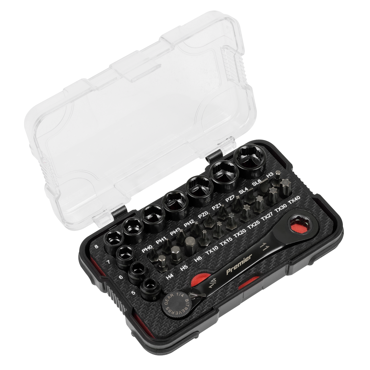 Sealey Premier Black Go-Through Lock-On™ Low Profile Socket & Bit Set 1/4"Sq Drive 31pc AK2112