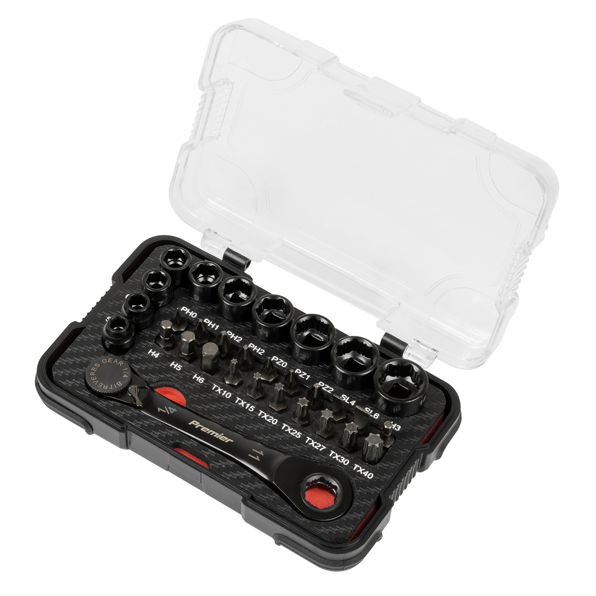 Sealey Premier Black Go-Through Lock-On™ Low Profile Socket & Bit Set 1/4"Sq Drive 31pc AK2112