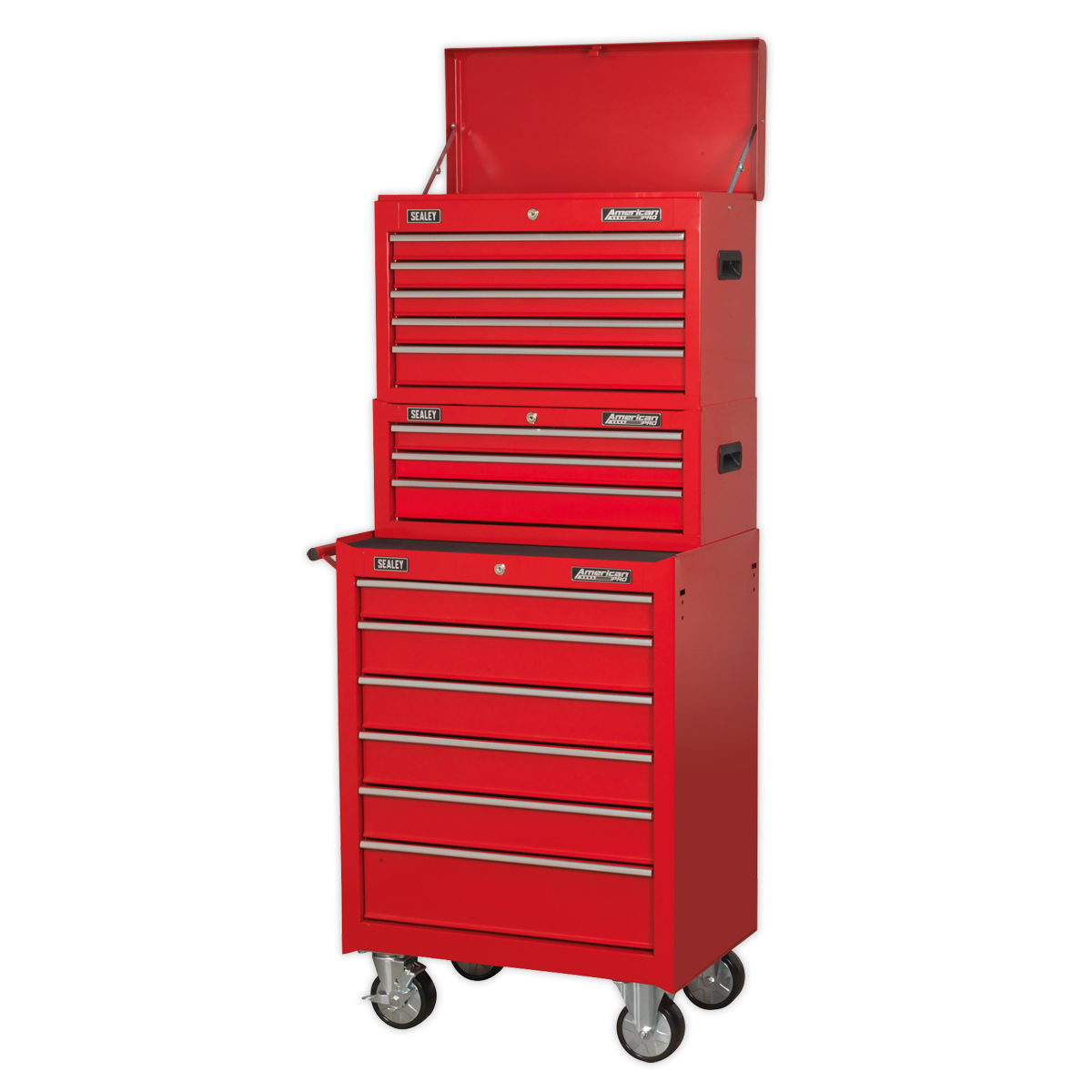 Sealey American PRO® Topchest, Mid-Box Tool Chest & Rollcab Stack 14 Drawer - Red AP22STACK