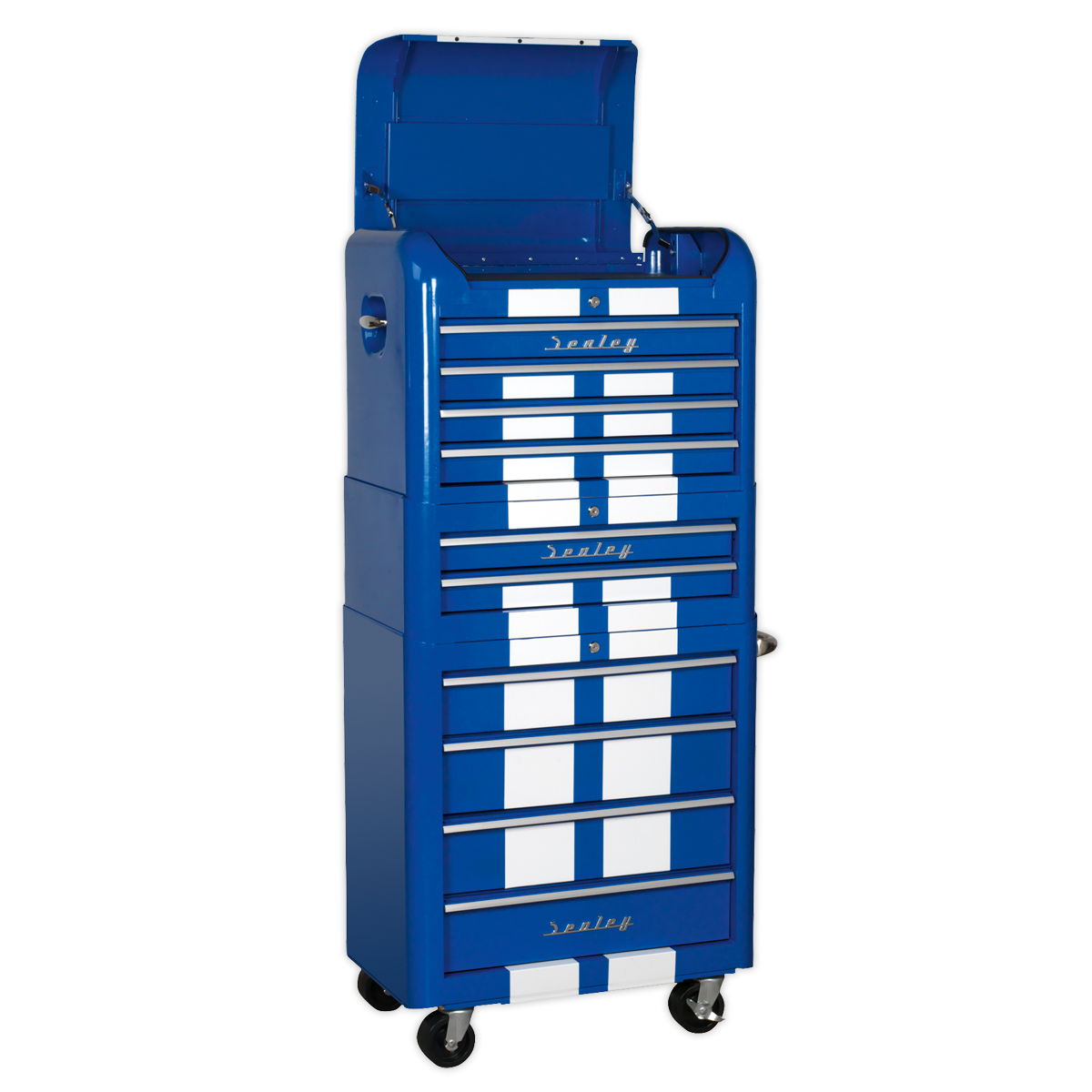 Sealey Premier™ Retro Style Topchest, Mid-Box Tool Chest & Rollcab Combination 10 Drawer - Blue with White Stripes AP28COMBO2BWS
