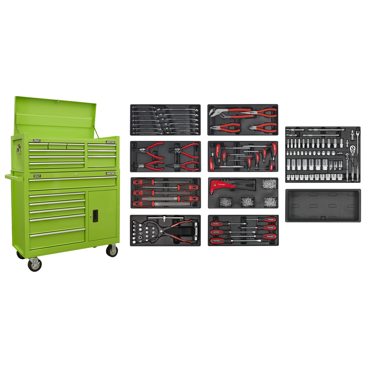 Sealey American PRO® Topchest & Rollcab Combination 15 Drawer with 117pc Tool Kit- Green AP41STACKHVCOMBO
