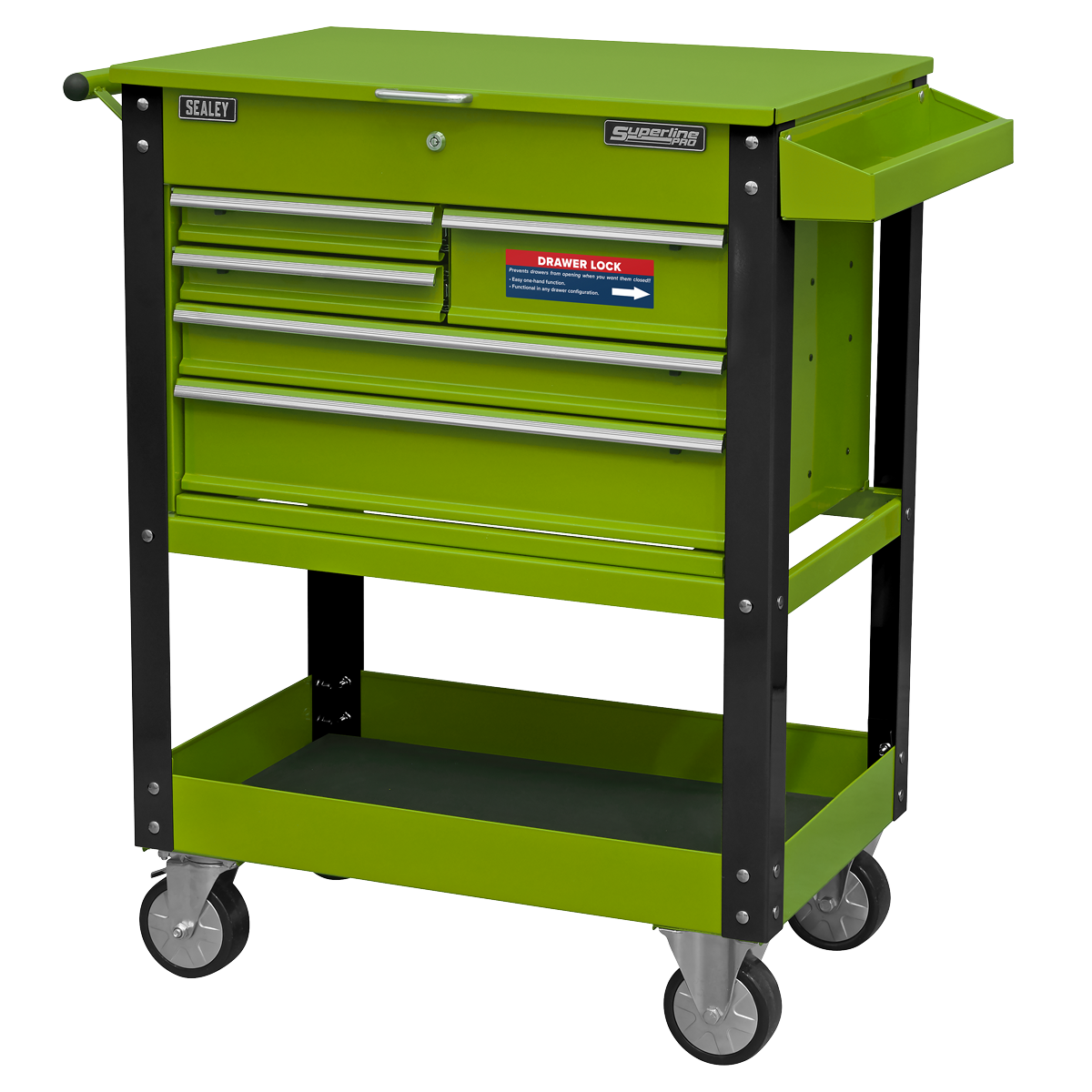 Sealey Superline PRO® Heavy-Duty Mobile Tool & Parts Trolley with Lockable Top & 5 Drawers - Hi-Vis Green AP890MHV