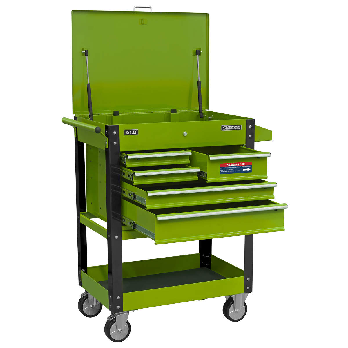 Sealey Superline PRO® Heavy-Duty Mobile Tool & Parts Trolley with Lockable Top & 5 Drawers - Hi-Vis Green AP890MHV