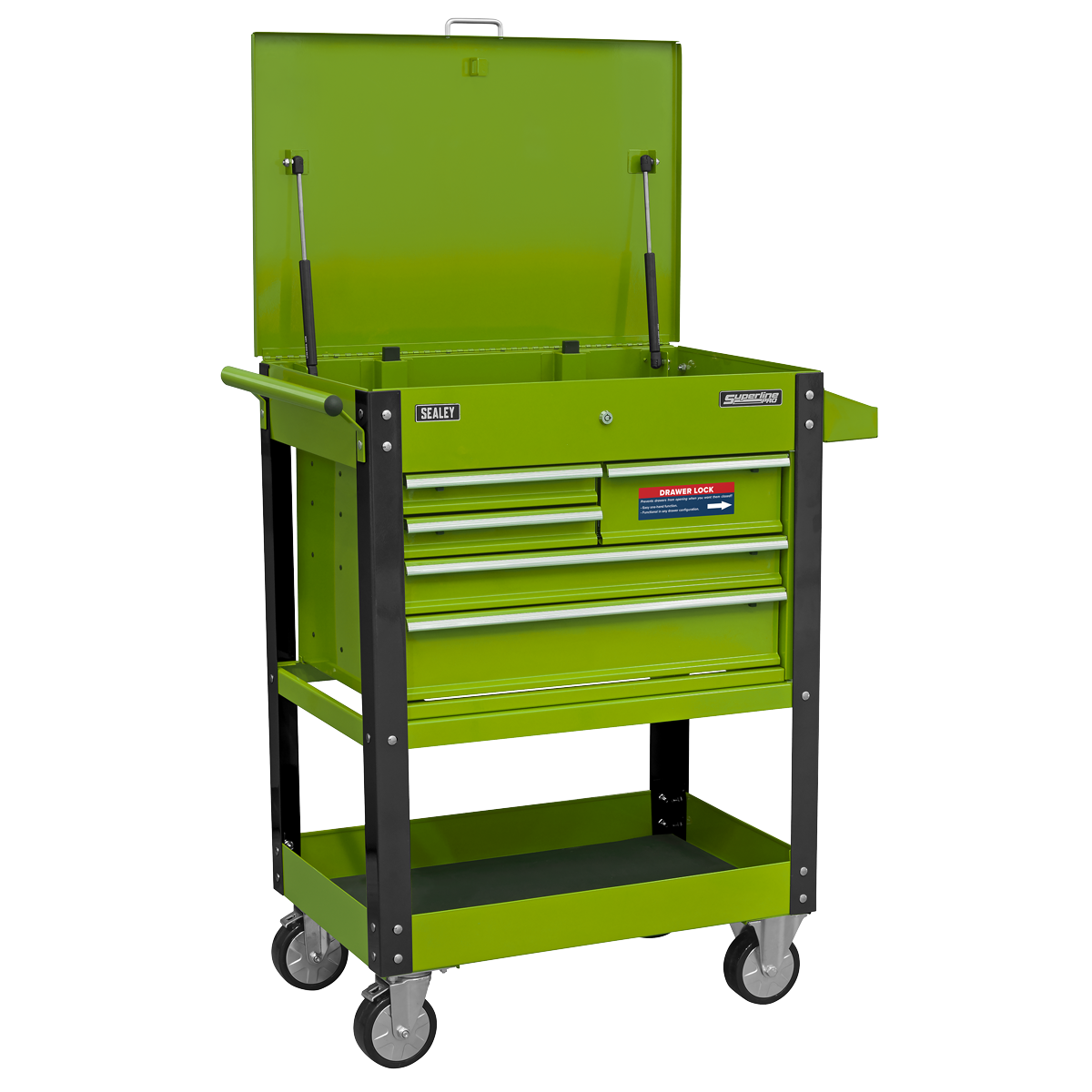 Sealey Superline PRO® Heavy-Duty Mobile Tool & Parts Trolley with Lockable Top & 5 Drawers - Hi-Vis Green AP890MHV