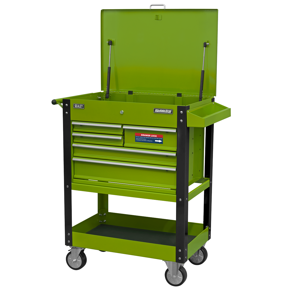 Sealey Superline PRO® Heavy-Duty Mobile Tool & Parts Trolley with Lockable Top & 5 Drawers - Hi-Vis Green AP890MHV