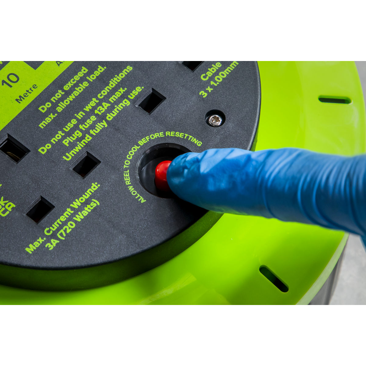 Sealey 10m Cassette Type Cable Reel with Thermal Trip 2 x 230V & 2 x USB - Hi-Vis Green BCR10G