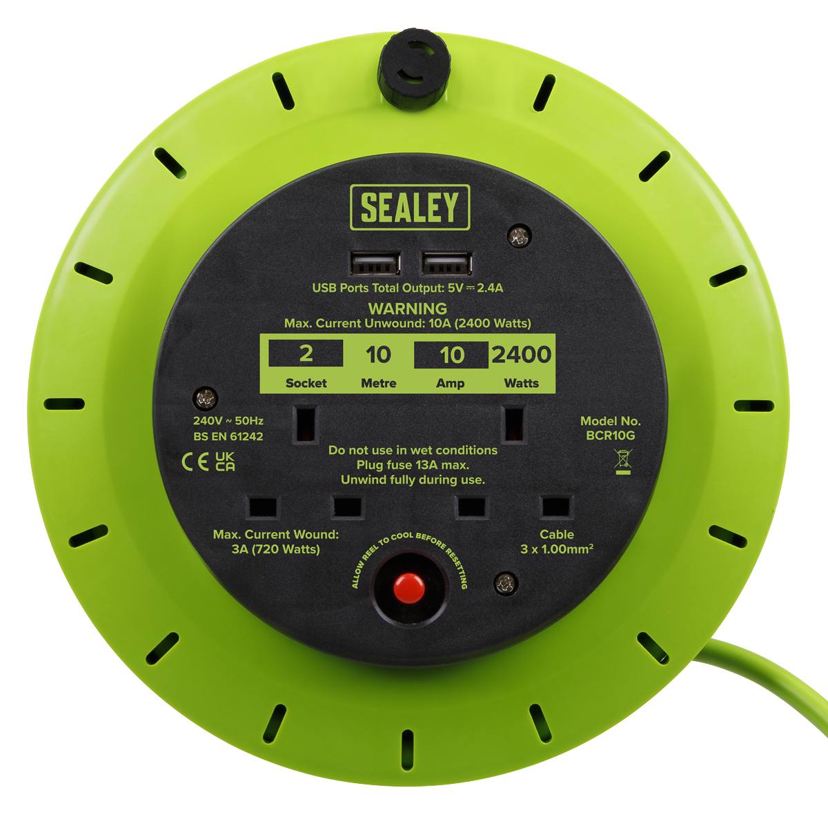 Sealey 10m Cassette Type Cable Reel with Thermal Trip 2 x 230V & 2 x USB - Hi-Vis Green BCR10G