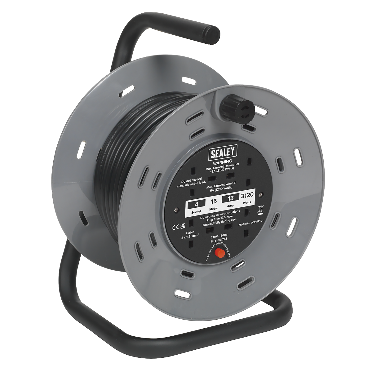 Sealey 15m Cable Reel with Thermal Trip 4 x 230V BCR153T