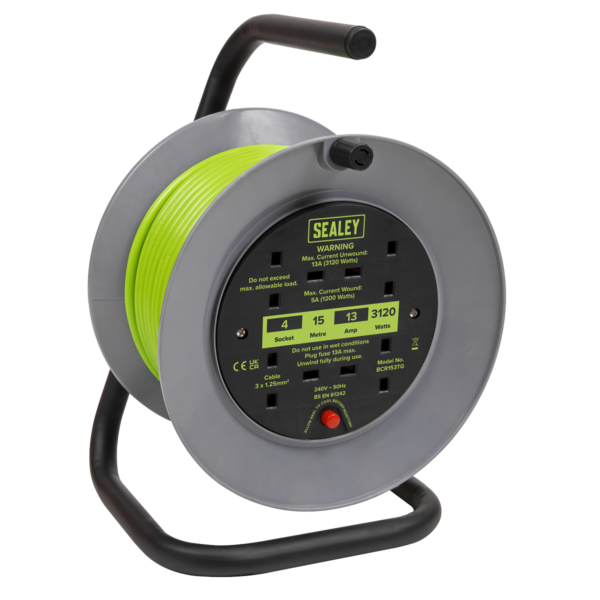 Sealey 15m Cable Reel with Thermal Trip 4 x 230V - Hi-Vis Green BCR153TG