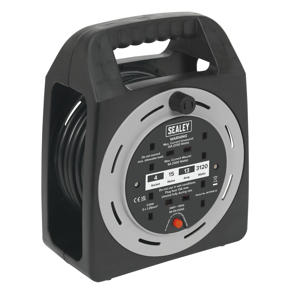 Sealey 15m Box Type Cable Reel with Thermal Trip 4 x 230V BCR15CB