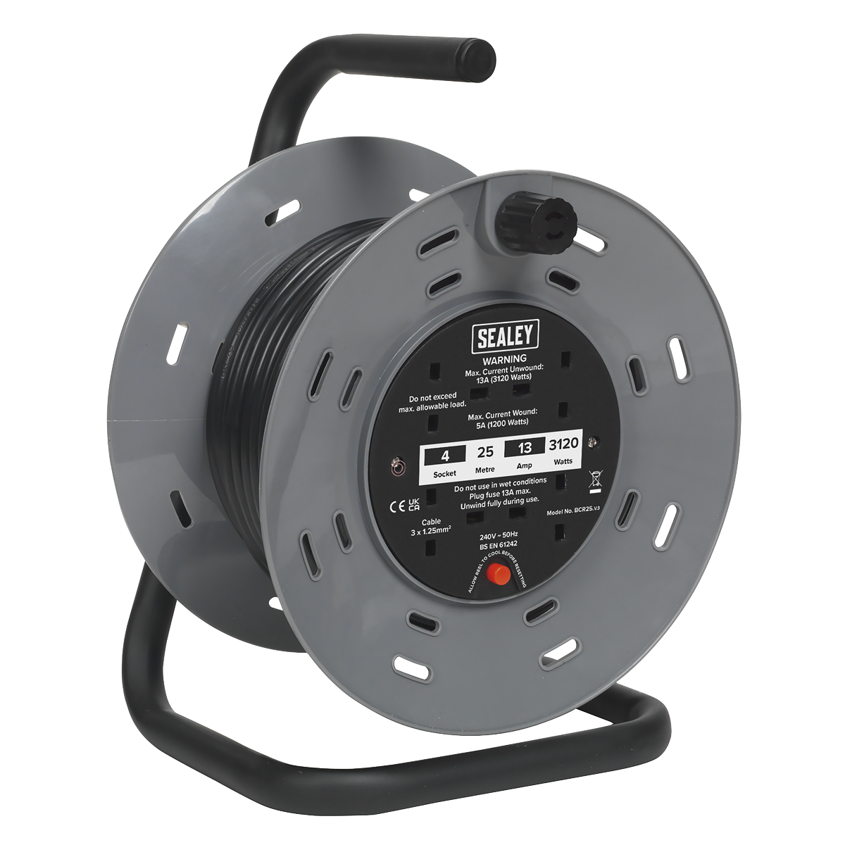 Sealey 25m Cable Reel with Thermal Trip 4 x 230V BCR25