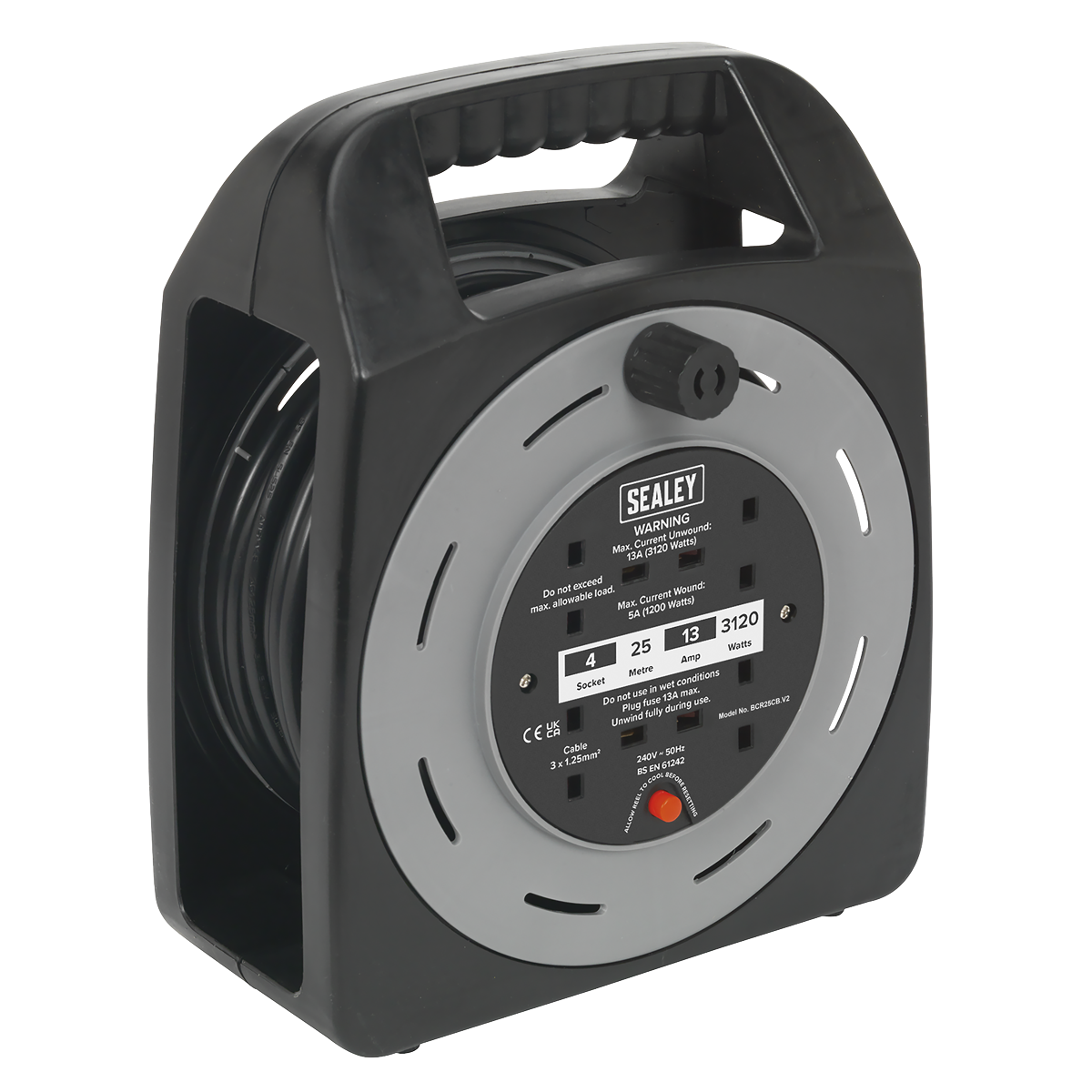 Sealey 25m Box Type Cable Reel with Thermal Trip 4 x 230V BCR25CB