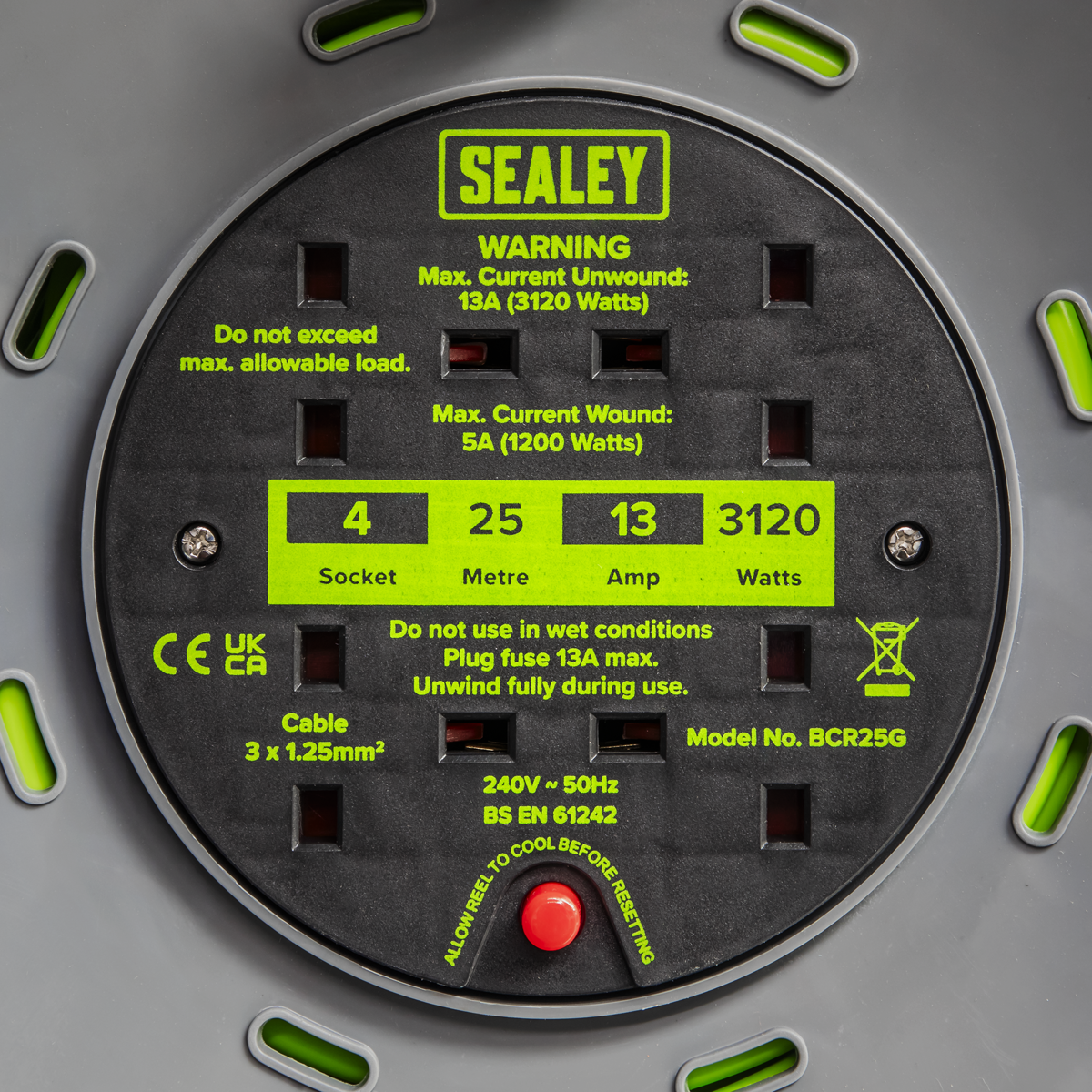 Sealey 25m Cable Reel with Thermal Trip 4 x 230V - Hi-Vis Green BCR25G