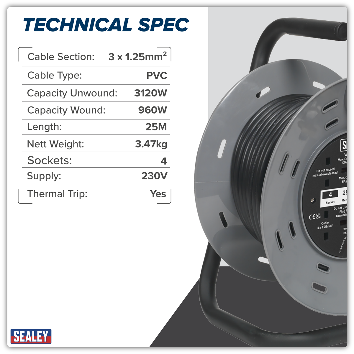 Sealey 25m Cable Reel with Thermal Trip & RCD Plug 4 x 230V BCR25RCD