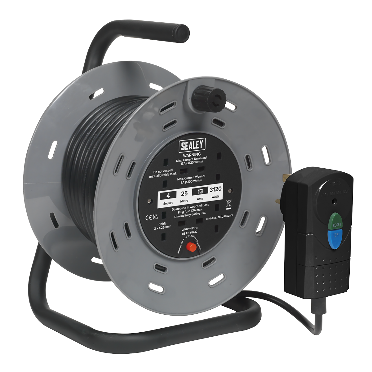 Sealey 25m Cable Reel with Thermal Trip & RCD Plug 4 x 230V BCR25RCD