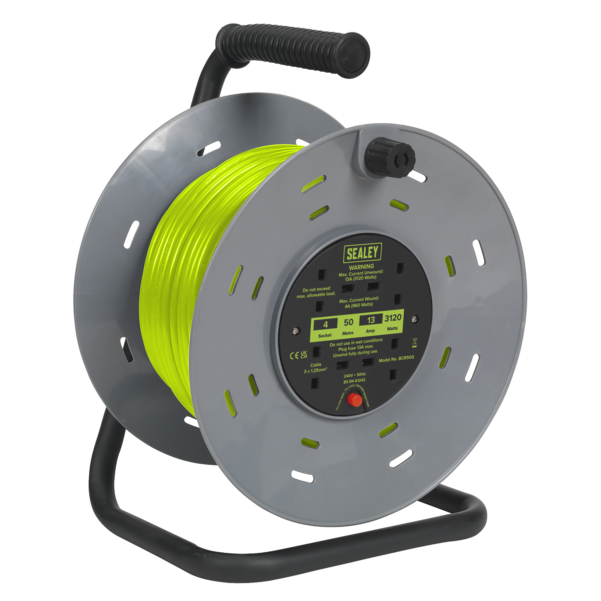 Sealey 50m Cable Reel with Thermal Trip 4 x 230V - Hi-Vis Green BCR50G