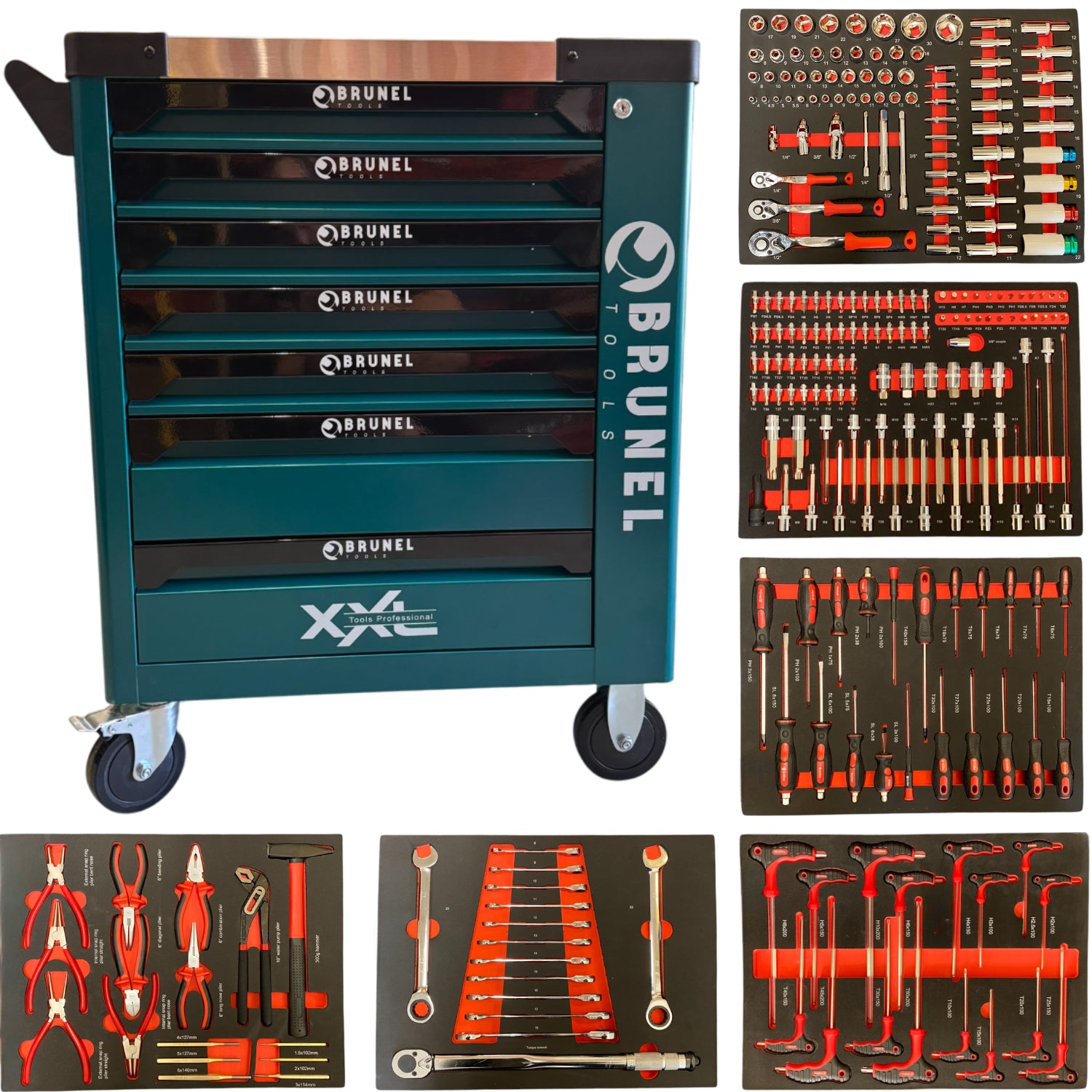 BRUNEL Tools 7 Drawer Caster Mounted Roller Tool Chest Cabinet with 6 Fully Stocked Drawers - 249 Pieces - Green