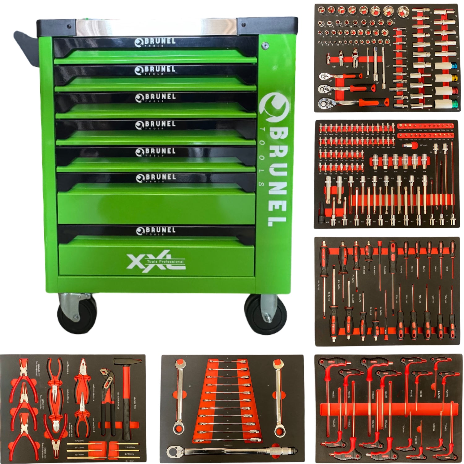 BRUNEL Tools 7 Drawer Caster Mounted Roller Tool Chest Cabinet with 6 Fully Stocked Drawers - 249 Pieces - Hi-Vis Green