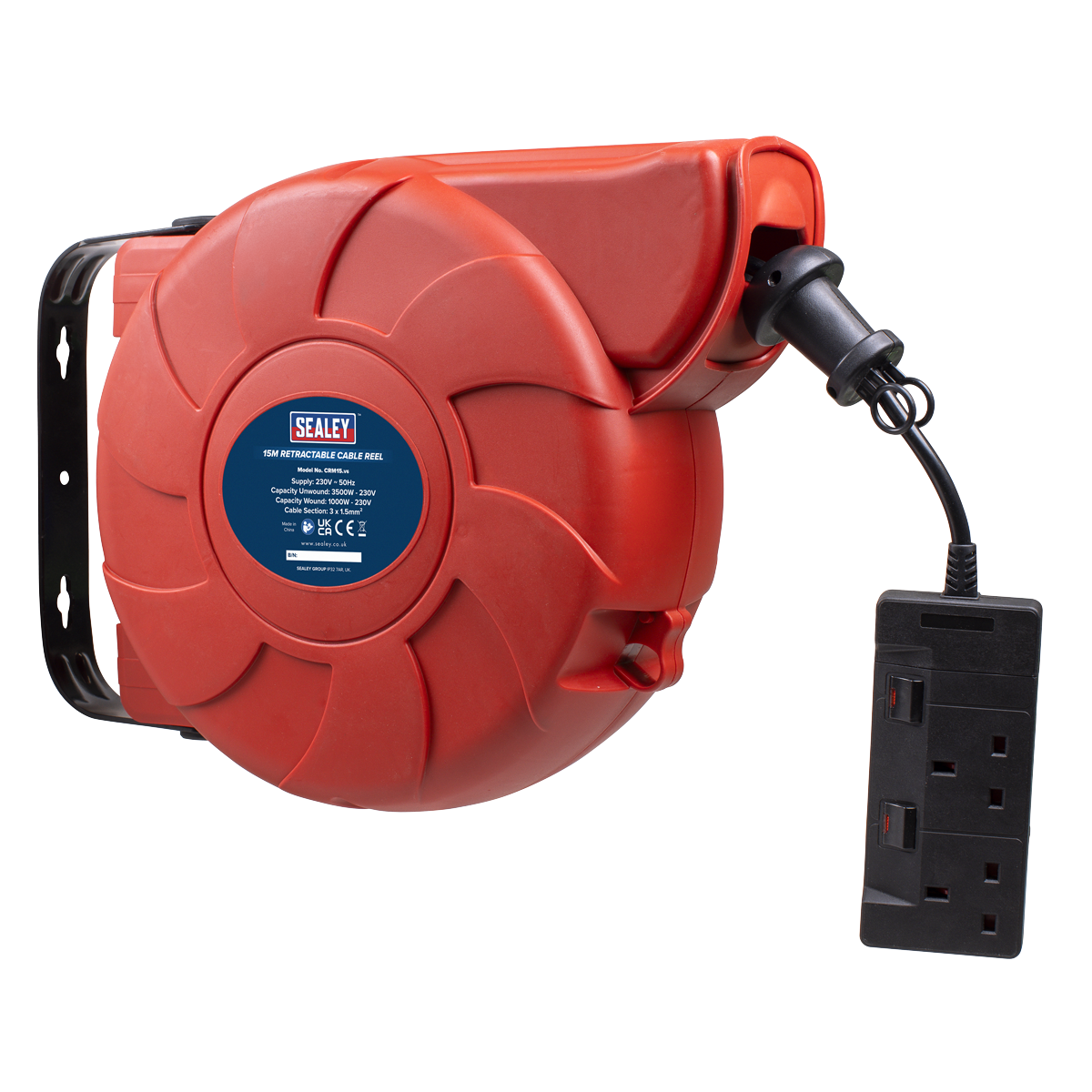 Sealey Cable Reel System Retractable 15m 2 x 230V Socket CRM15