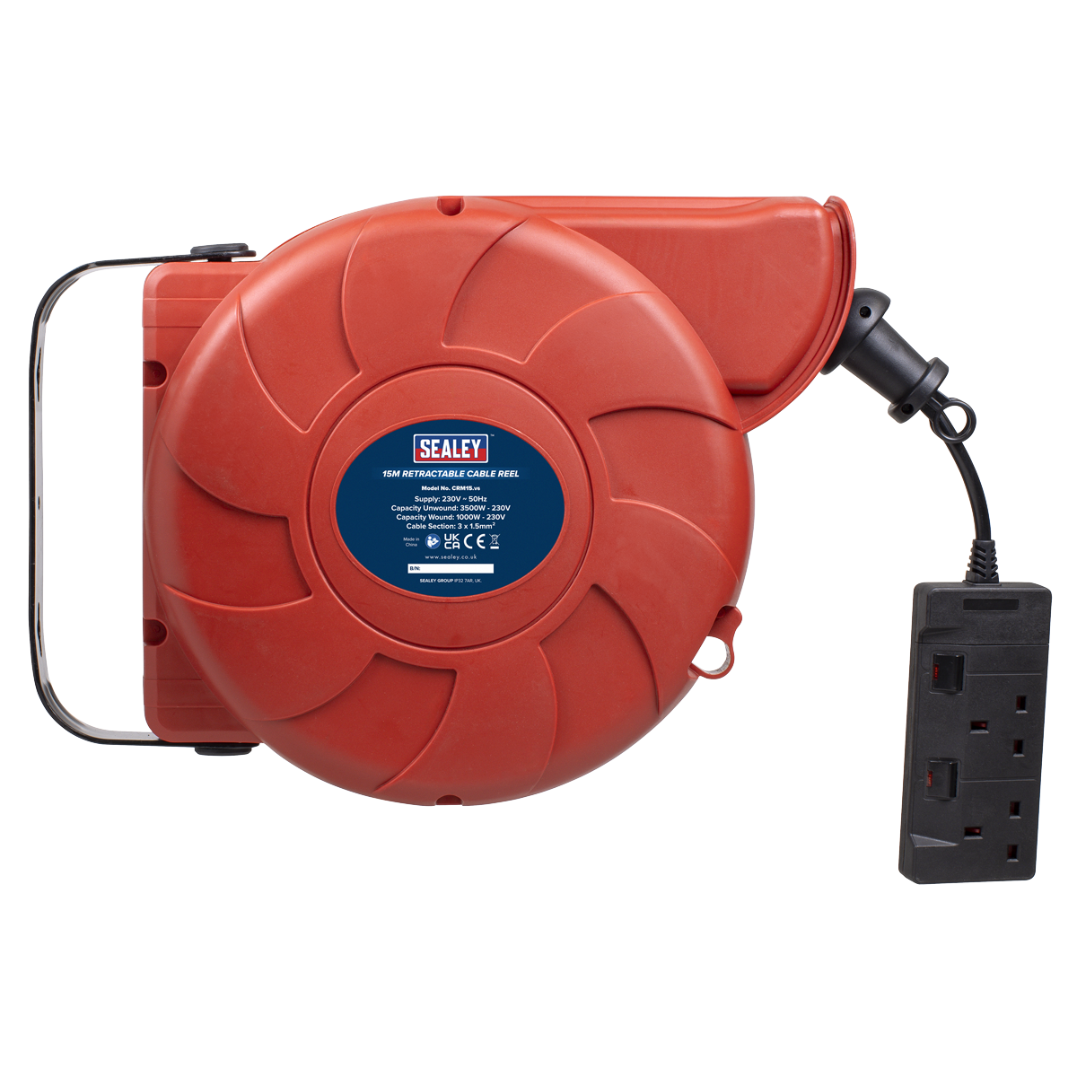 Sealey Cable Reel System Retractable 15m 2 x 230V Socket CRM15