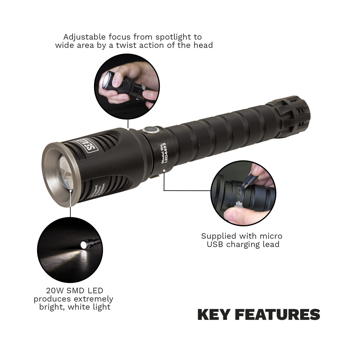 Sealey Rechargeable Aluminium Torch with Adjustable Focus 20W SMD LED LED4493