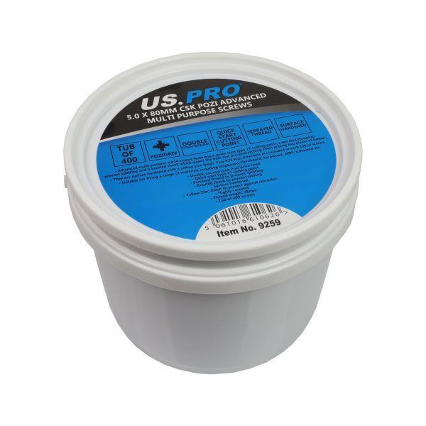 US PRO Tools 5.0 X 80MM CSK Pozi Advanced Multi Purpose Screws - Tub 400 9259