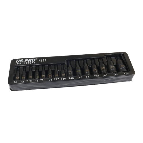US PRO INDUSTRIAL 15pc Impact Tamper Star Torx Bit Sockets - 1/4" 3/8" 1/2" Drives T6 - T70 7531